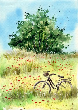 Watercolor illustration of a bicycle in a flowering meadow strewn with wildflowers, with a large green tree on the horizon
