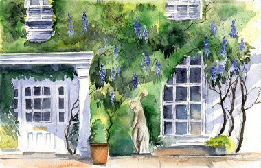 Watercolor illustration of the facade of an old white cottage with a wall entwined with blooming wisteria, beautiful windows and a statue near the entrance
