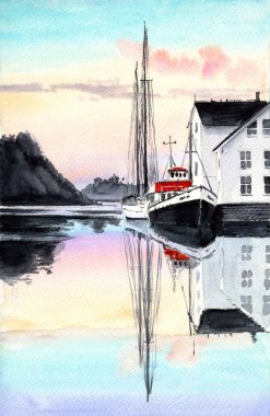Watercolor illustration of a marina with wooden cottages, sailing yachts near the pier and distant wooded hills reflected in the lake
