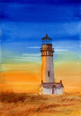 Watercolor picture of the sunset Yaquina Head Lighthouse with a small house in the field of the tall yellow grass 
