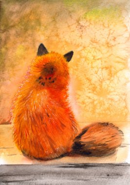 Watercolor illustration of a cute fluffy red fox with a fluffy tail sitting with its back to the viewer admiring the autumn view