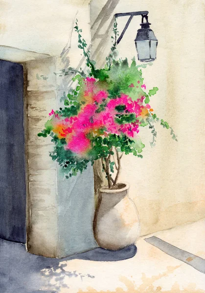 Watercolor illustration of the facade of an old house with a clay pot with a plant blooming with pink flowers and a street lamp on the wall