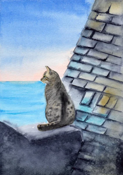 Watercolor Illustration Gray Cat Dark Spots Sitting Tiled Roof Looking — Foto de Stock