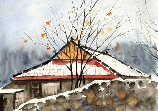 Watercolor Illustration Asian House Tiled Roof Covered Snow Tree Stone — Foto de Stock
