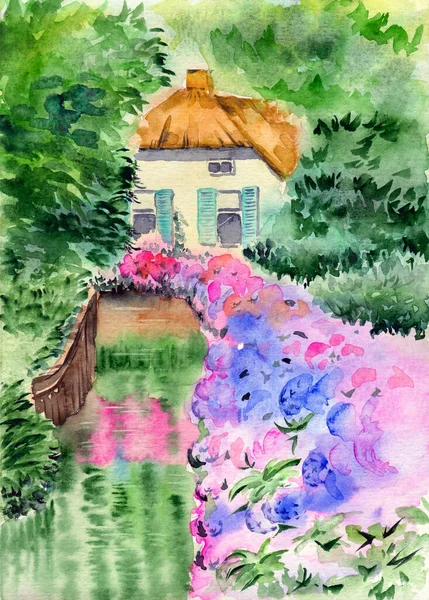Watercolor illustration of a village house with a thatched roof, a green garden and flower beds with pink hydrangeas on the bank of a small stream