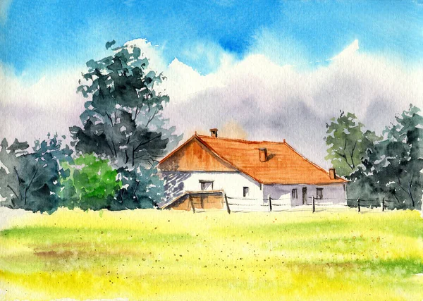 Watercolor illustration of a large village cottage behind a yellow-green meadow in the shade of green trees