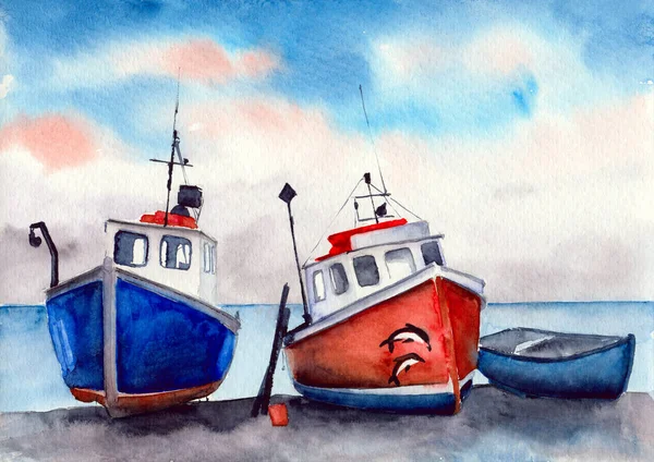 Watercolor picture of three colorful red and blue fishing boats on a sandy seashore 