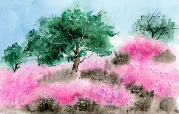 Watercolor Illustration Flowering Meadow Strewn Pink Wildflowers Few Green Trees — Stockfoto