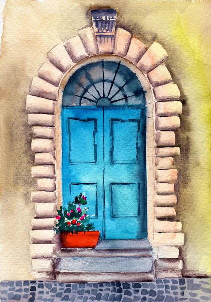 Watercolor illustration of a beautiful antique turquoise wooden door, under a stone arched vault, with steps and a red flowerpot