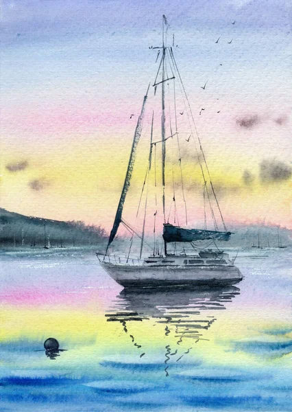 Watercolor illustration of a yacht with lowered sails against a pink and yellow sunset sky reflected in the water