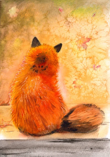 Watercolor illustration of a cute fluffy red fox with a fluffy tail sitting with its back to the viewer admiring the autumn view