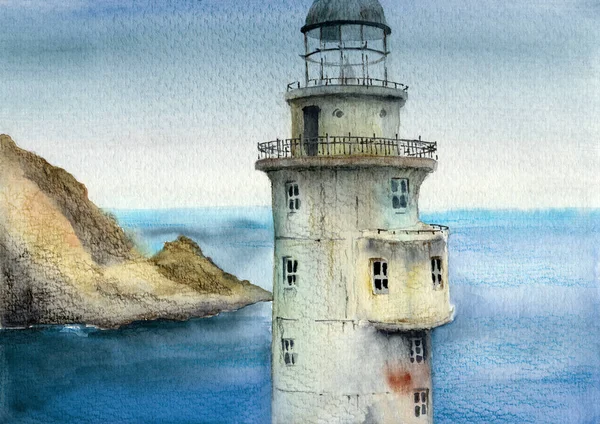 Watercolor illustration of a fragment of an abandoned lighthouse at Cape Aniva, against the backdrop of the blue sea and distant gray rocks