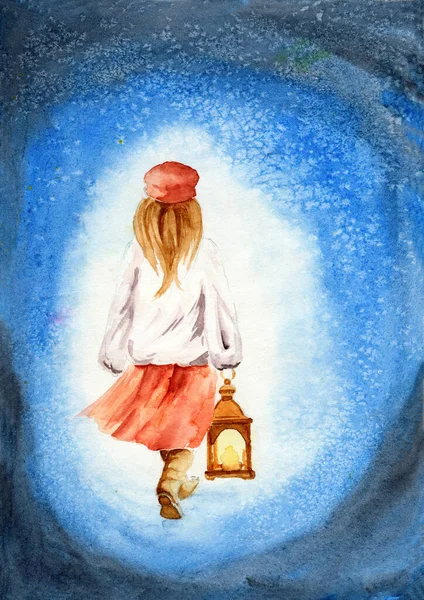 Watercolor Illustration Girl Burning Lantern Her Hand Dressed White Fur — Stockfoto