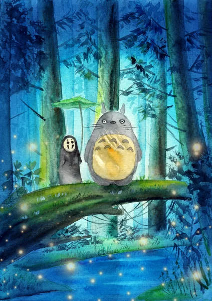 Watercolor illustration of Totoro with a friend on a fallen tree across a forest stream in a dense green forest with tall firs and pines
