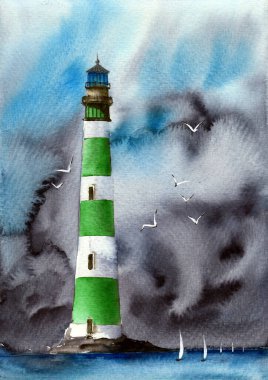 A watercolor illustration of a green and white striped lighthouse against a stormy sky, with white gulls circling in the air and several sailboats on the water