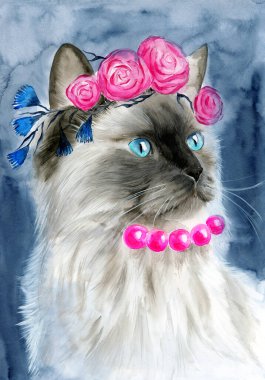 Kafasında pembe güller ve pembe boncuklarla mavi gözlü, güzel beyaz-kahverengi Siyam kedisinin suluboya portresi