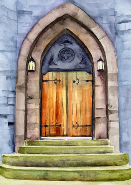 Eski bir Avrupa binasının ön cephesinin suluboya çizimi. Metal dökme ile dekore edilmiş ahşap bir kapı.