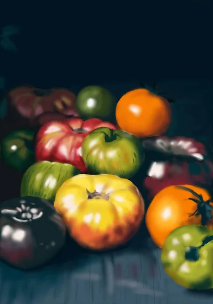 Digital Illustration Ripe Juicy Red Orange Black Tomatoes Dark Wooden — Stock Photo, Image