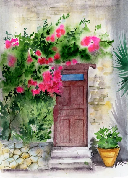 Акварельная Иллюстрация Старой Деревянной Красной Двери Красной Розой Взбирающейся Стену — стоковое фото