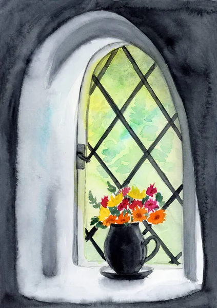 Акварельная Иллюстрация Старинного Окна Металлическим Грилем Цветущим Растением Кастрюле Подоконнике — стоковое фото