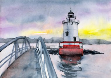 Kırmızı bir üsteki beyaz Tarrytown deniz fenerinin suluboya çizimi. Metal köprüsü olan taştan bir setin üzerinde duruyor.