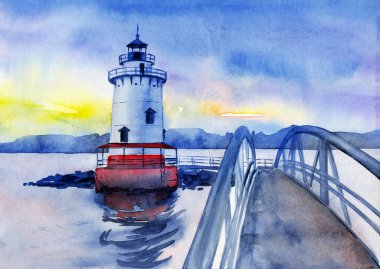 Kırmızı bir üsteki beyaz Tarrytown deniz fenerinin suluboya çizimi. Metal köprüsü olan taştan bir setin üzerinde duruyor.