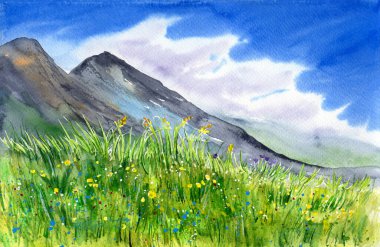 Arka planda uzak gri dağlar ve sarı ve mavi kır çiçekleri olan çiçek açan bir çayırın suluboya çizimi