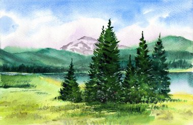 Watercolor illustration of a landscape with a grassy yellow-green field, distant mountains and a small grove of coniferous trees