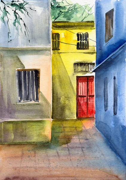 Watercolor Illustration Old Town Street Red Door Facade Yellow House — Stock Photo, Image