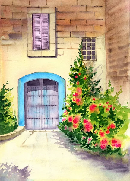 Акварельная Иллюстрация Фасада Старого Кирпичного Дома Окном Розовыми Ставнями Большой — стоковое фото