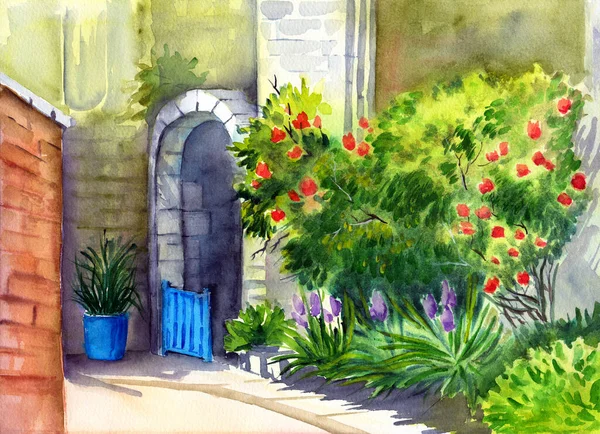 Акварельная Иллюстрация Фасада Старого Дома Арочным Входом Бирюзовым Деревянным Забором — стоковое фото