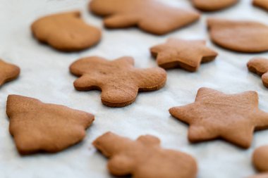 Fırında pişmiş ev yapımı zencefilli kurabiyeli kurabiye. Seçici odaklanma. Noel arkaplanı