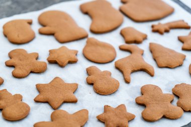 Fırında pişmiş ev yapımı zencefilli kurabiyeli kurabiye. Seçici odaklanma. Noel arkaplanı