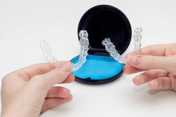 Transparent Aligners Storage Case Box Invisible Braces Clear Teeth Straighteners — Stock Photo, Image