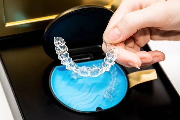 Transparent Aligners Box Invisible Braces Clear Teeth Straighteners Clear Plastic — Stock Photo, Image