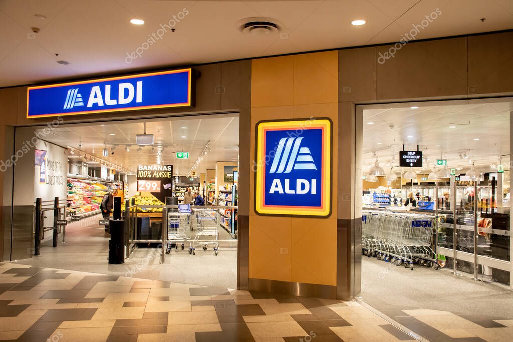 Sydney, Australia 2022-11-02: Exterior view of Aldi supermarket at Westfield Miranda. ALDI is the discount supermarket chains.