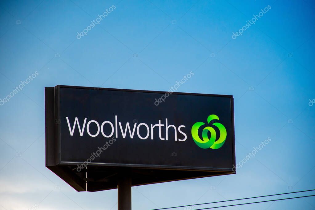 Traralgon, Australia 2023-07-06. Exterior view of Woolworths supermarket logo sign in Australia