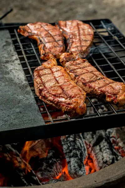 Kamp ateşinde ızgara ızgara ızgara ızgara ızgara ızgara ızgara et. Kamp ateşi aşçılığı. Açık hava mangalı