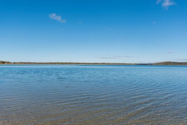 Güneşli bir günde huzurlu bir gölün berrak suları. Bournda Ulusal Parkı 'ndaki Wallagoot Gölü, Güney Kıyısı NSW, Avustralya