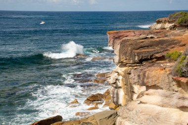 Güzel okyanus ve kayalık kumtaşı kıyı manzarası. Seyahat güzergahı. Kraliyet Ulusal Parkı, NSW, Avustralya. Jibbon Döngü Parçası.