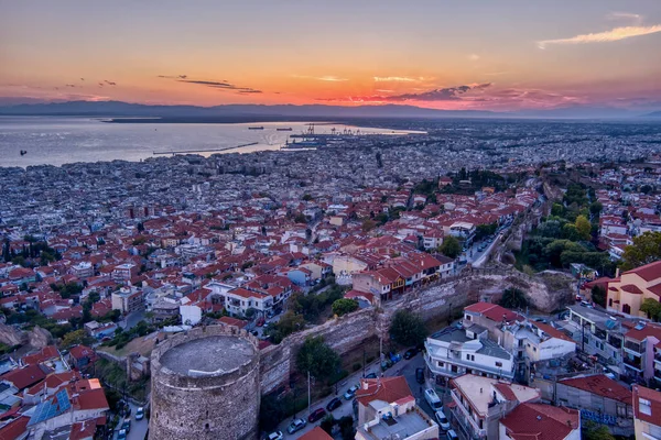 Letecký Bezpilotní Pohled Starý Byzantský Hrad Slavné Město Soluň Nebo — Stock fotografie