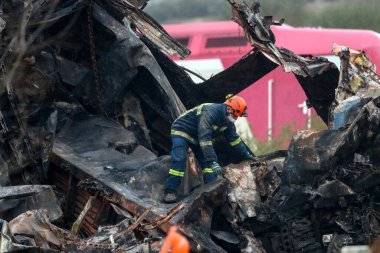 Tempi Valley, Greece - March 2, 2023: Tempi Valley, Greece - March 1, 2023: A tragic accident occurred in northern Greece, as two trains collided in the Tempi Valley. rescuers search the wreckage for survivors