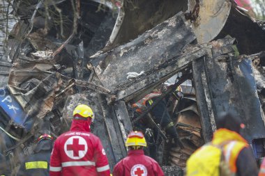 Tempi Valley, Greece - March 2, 2023: Tempi Valley, Greece - March 1, 2023: A tragic accident occurred in northern Greece, as two trains collided in the Tempi Valley. rescuers search the wreckage for survivors