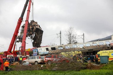 Tempi Valley, Greece - March 2, 2023: Tempi Valley, Greece - March 1, 2023: A tragic accident occurred in northern Greece, as two trains collided in the Tempi Valley. rescuers search the wreckage for survivors