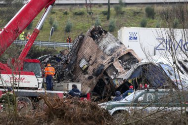 Tempi Valley, Greece - March 2, 2023: Tempi Valley, Greece - March 1, 2023: A tragic accident occurred in northern Greece, as two trains collided in the Tempi Valley. rescuers search the wreckage for survivors
