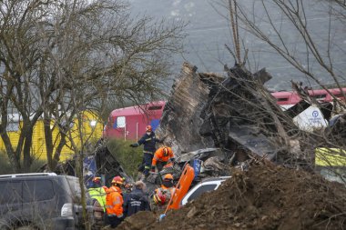 Tempi Valley, Greece - March 2, 2023: Tempi Valley, Greece - March 1, 2023: A tragic accident occurred in northern Greece, as two trains collided in the Tempi Valley. rescuers search the wreckage for survivors