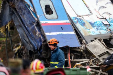 Tempi Valley, Greece - March 2, 2023: Tempi Valley, Greece - March 1, 2023: A tragic accident occurred in northern Greece, as two trains collided in the Tempi Valley. rescuers search the wreckage for survivors
