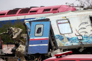 Tempi Valley, Greece - March 2, 2023: Tempi Valley, Greece - March 1, 2023: A tragic accident occurred in northern Greece, as two trains collided in the Tempi Valley. rescuers search the wreckage for survivors
