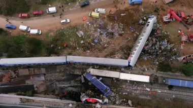 Tempi Valley, Greece - March 2, 2023: Tempi Valley, Greece - March 1, 2023: A tragic accident occurred in northern Greece, as two trains collided in the Tempi Valley. rescuers search the wreckage for survivors
