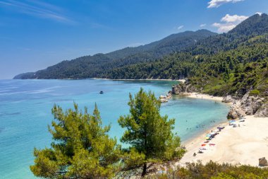 Vourvourou yakınlarındaki güzel Fava kumsal sahili, Yunan yarımadası Sithonia, Chalkidiki (Halkidiki), Yunanistan, Avrupa. Ege Akdeniz 'de yaz tatili.